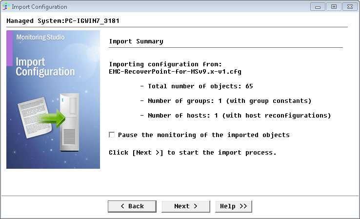 Reviewing the EMC RecoverPoint pre-built configuration import summary